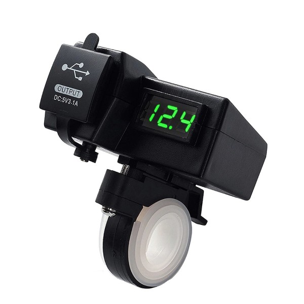 Moto USB socket x 2, digital voltmeter, green led, black color